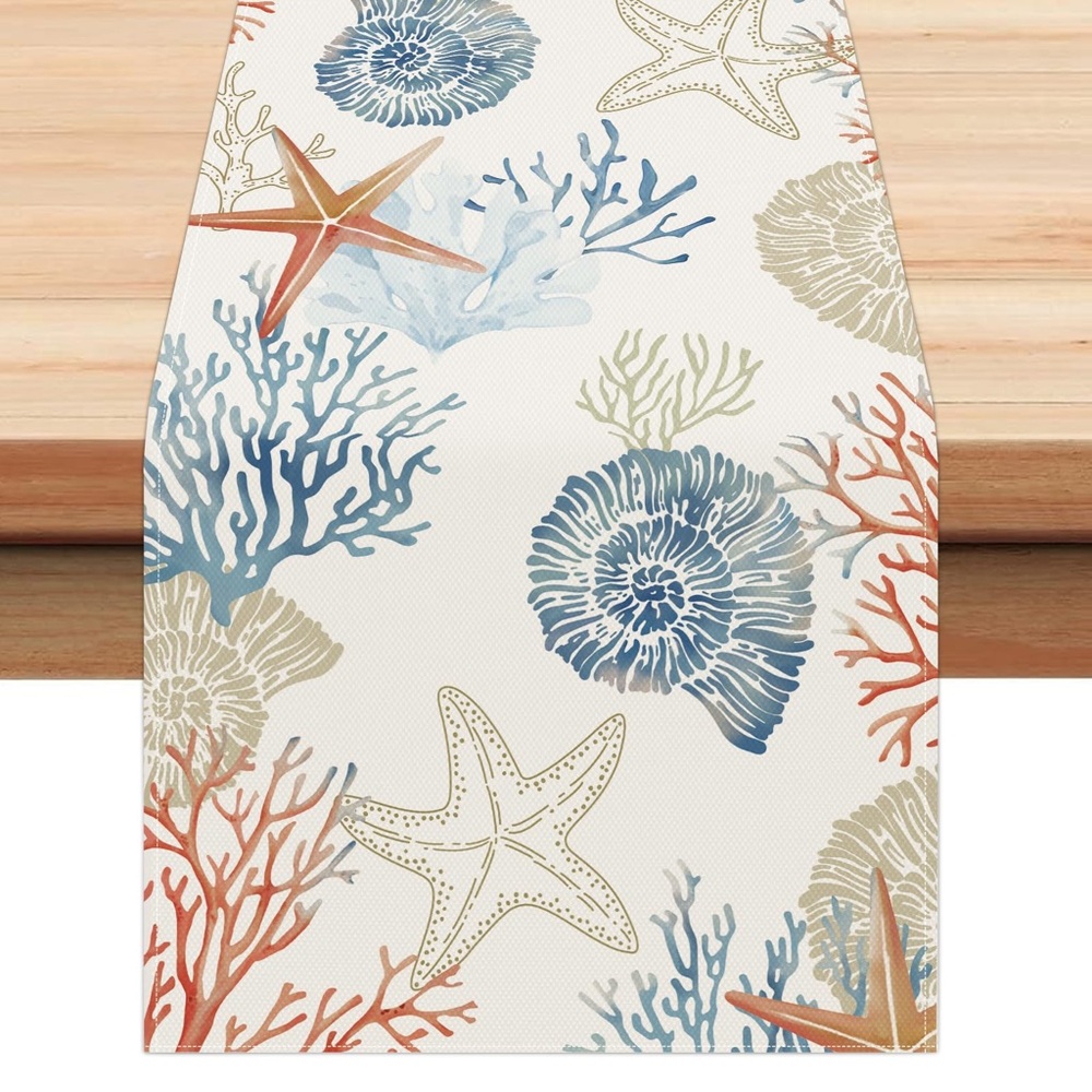 Bonhause Nautical Coastal Table Runner 13x72 Ocean Themed Starfish Coral Conch